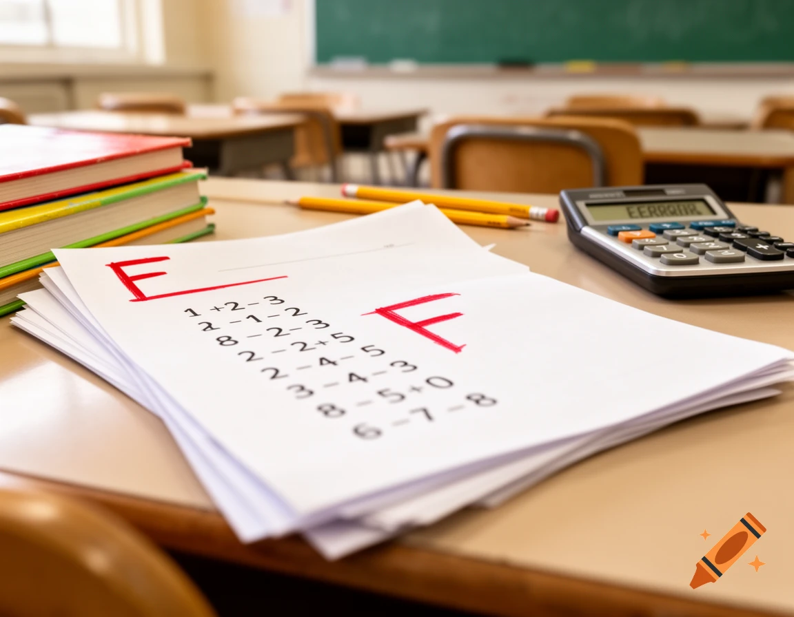 A classroom desk with F-graded math homework, a calculator displaying "EERRROR", pencils, and books.
