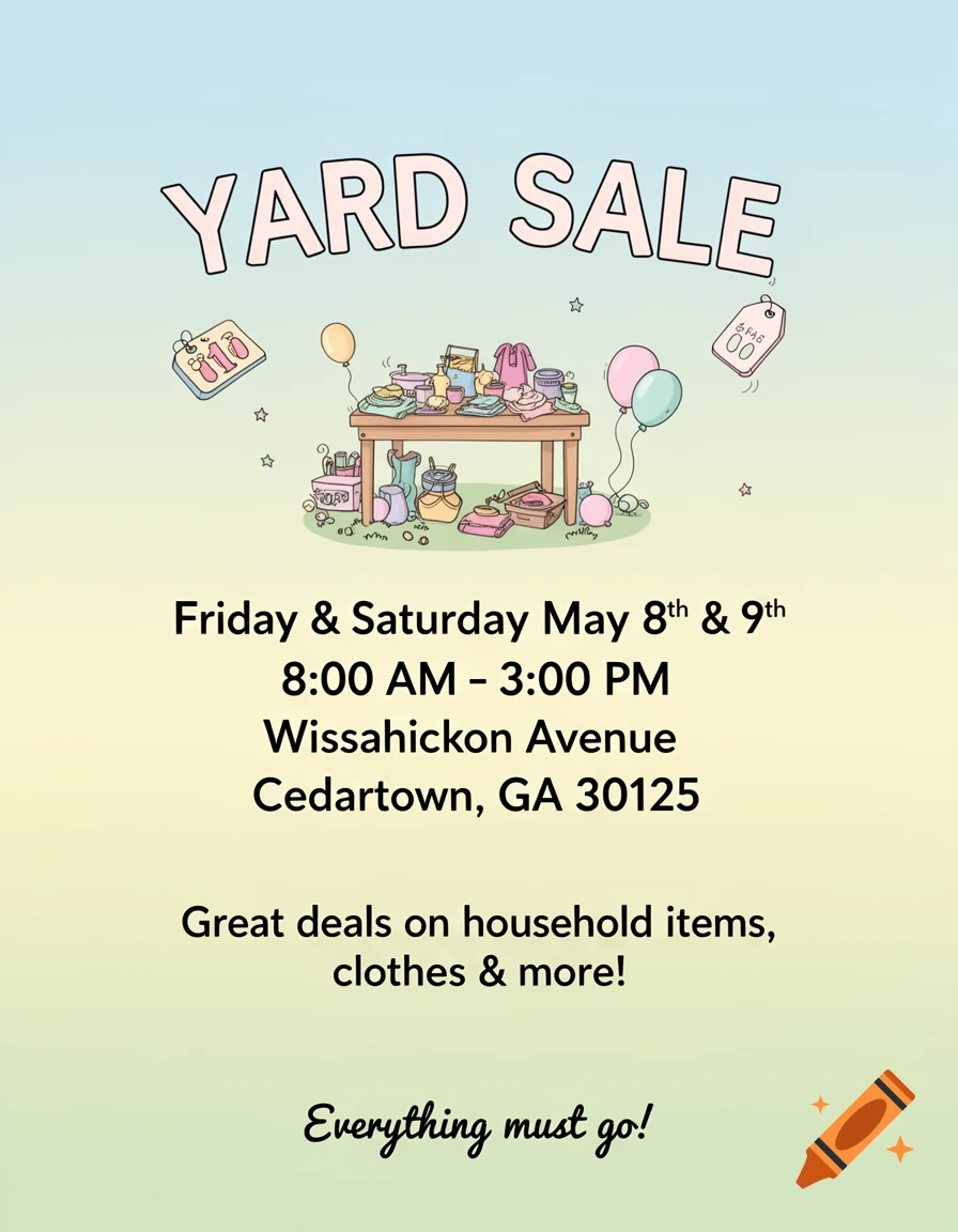 Animated yard sale flyer with event details, a table of household items, balloons, and price tags on a light blue and green background.