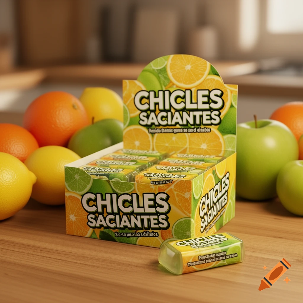 A box of 'Chicles Saciantes' gum with a single gum piece outside, surrounded by oranges, lemons, and green apples on a wooden surface.