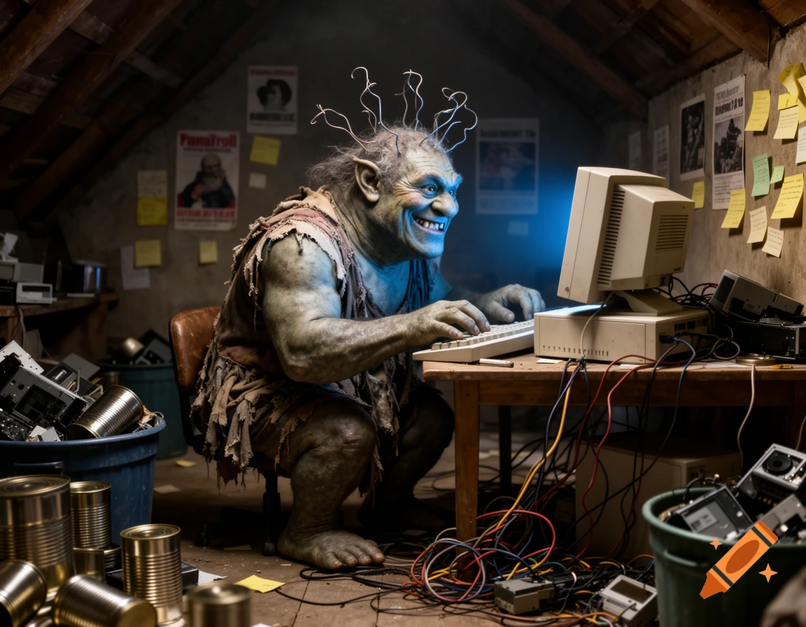A green-skinned, grotesque troll with wild hair and tattered clothes grins while hunched over an old computer keyboard in a cluttered attic.