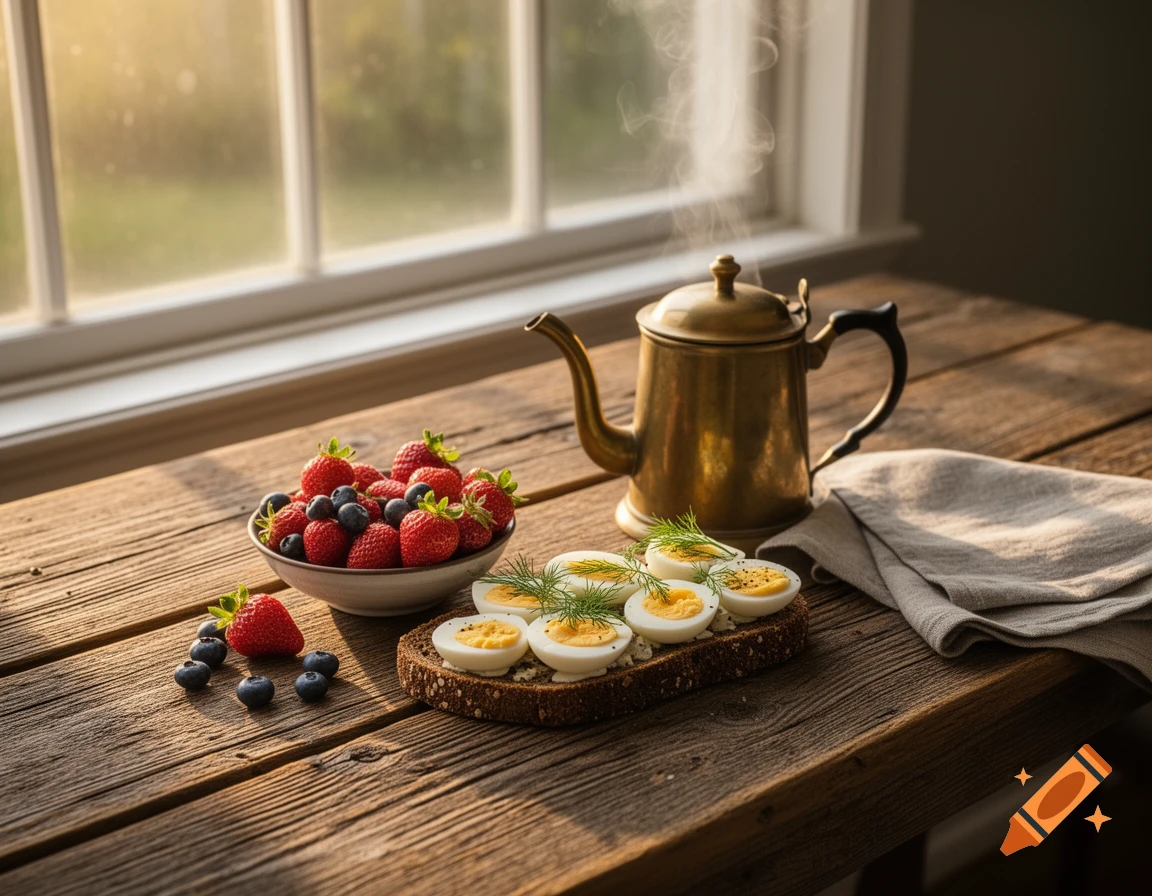 Photorealistic breakfast scene on a rustic wooden table by a window, with rye bread, eggs, berries, and a steaming coffee pot.