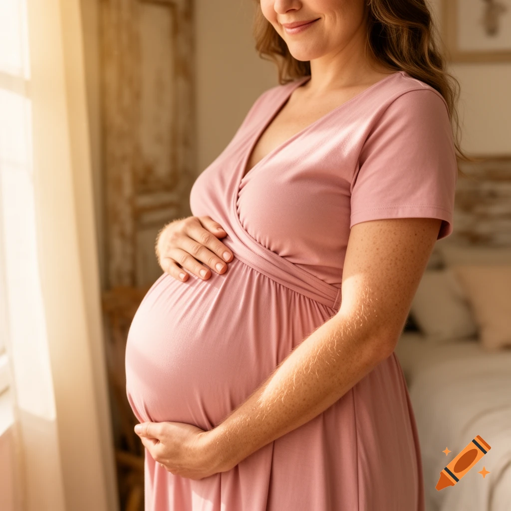 A smiling pregnant woman in a pink dress gently cradles her belly, standing in warm sunlight indoors.