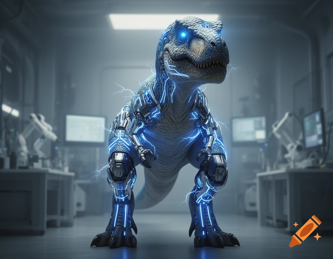 A photorealistic cyborg T-Rex with glowing blue eyes and electrical energy around its robotic parts stands in a futuristic lab.