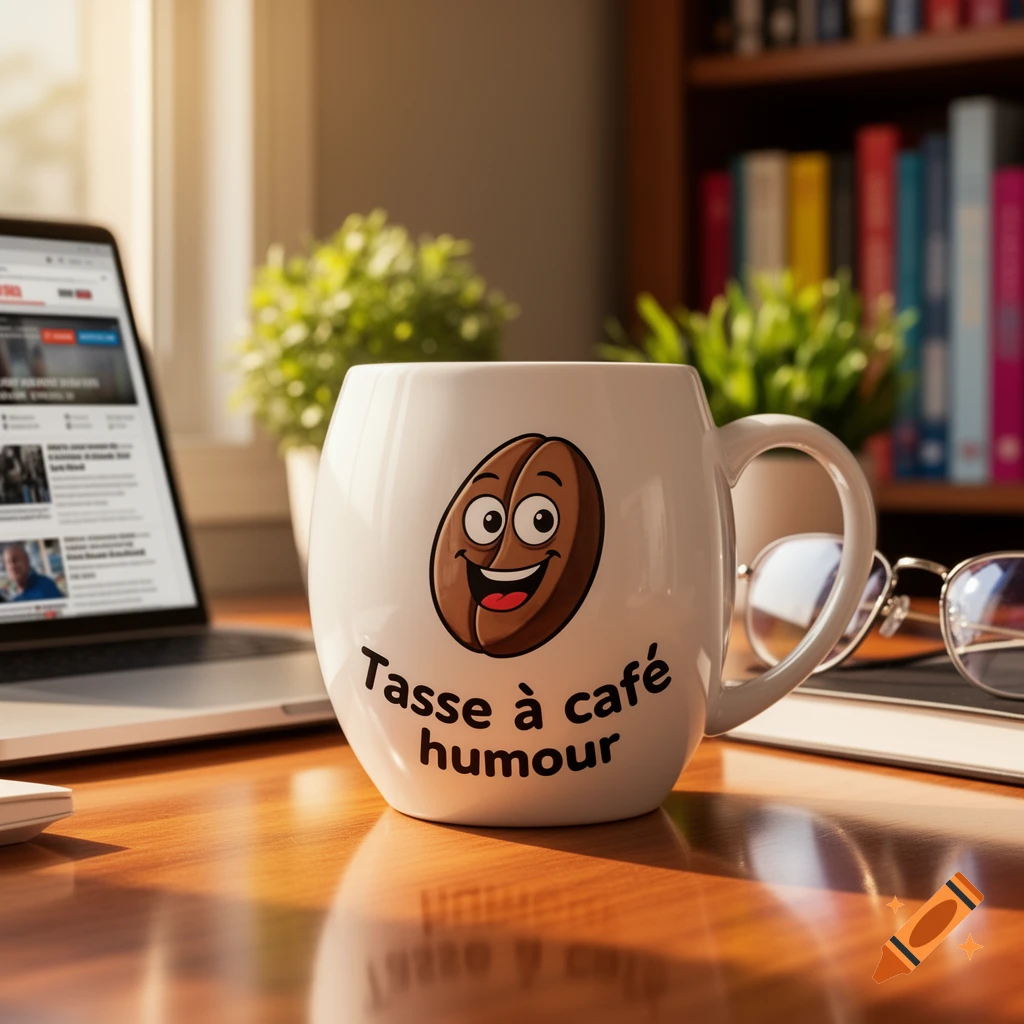 A white coffee mug with a cartoon coffee bean face and French text "Tasse à café humour" sits on a wooden desk next to a laptop and eyeglasses.