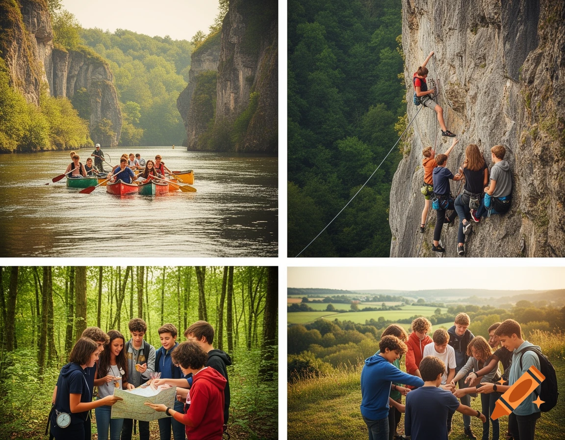 A four-panel image of teenagers on an outdoor sports trip, showing canoeing, rock climbing, orienteering with a map, and a group huddle.