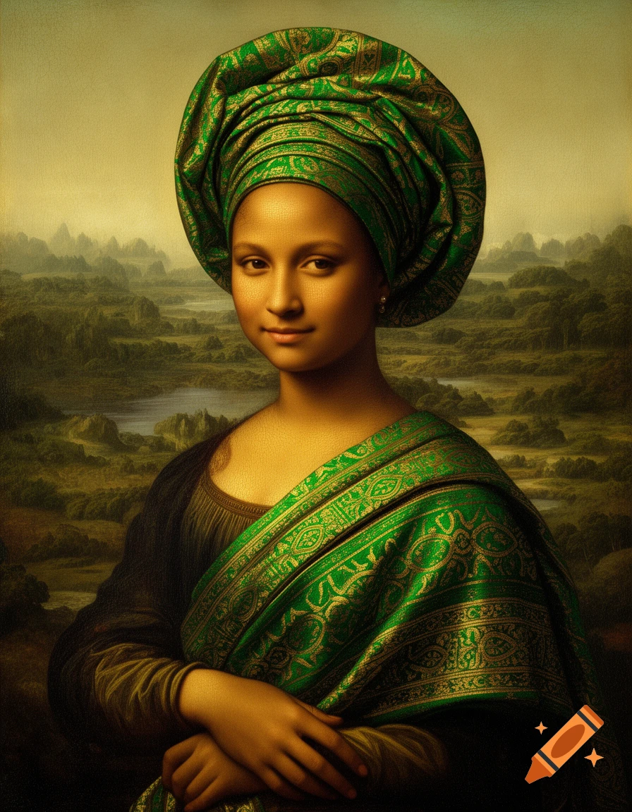 A painting of a woman with Mona Lisa's features, wearing a green patterned headwrap and sash, against a landscape background.