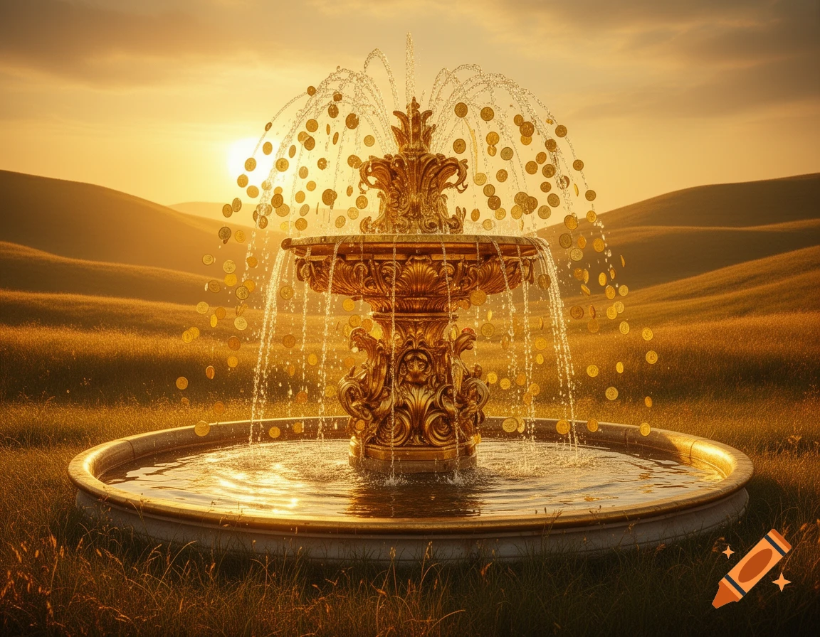 Golden ornate fountain spraying water and gold coins in a sunlit grassy field with rolling hills at sunset.