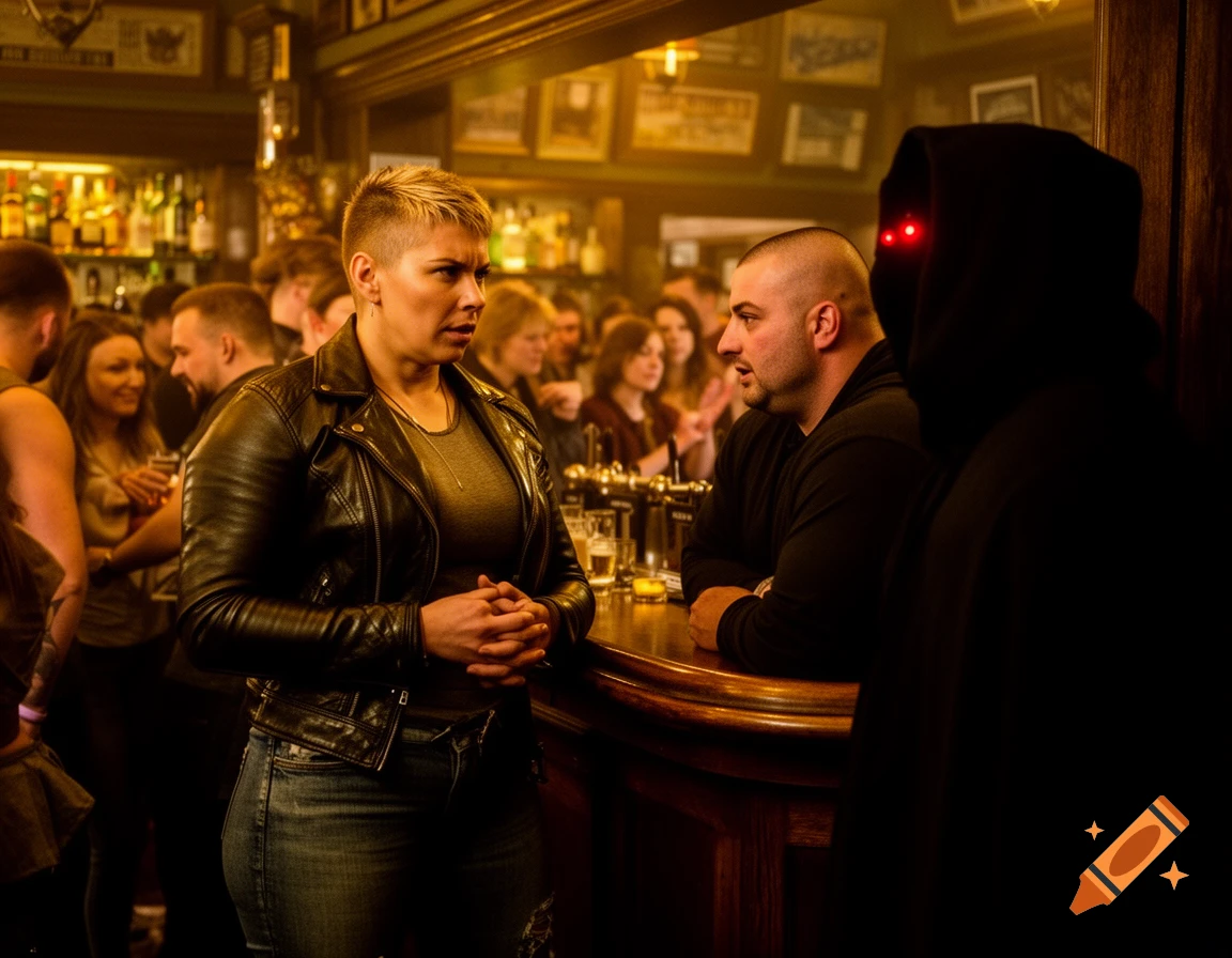 Photorealistic image of a woman in a leather jacket talking to a man in a dimly lit bar, as a shadowy figure with red eyes watches.