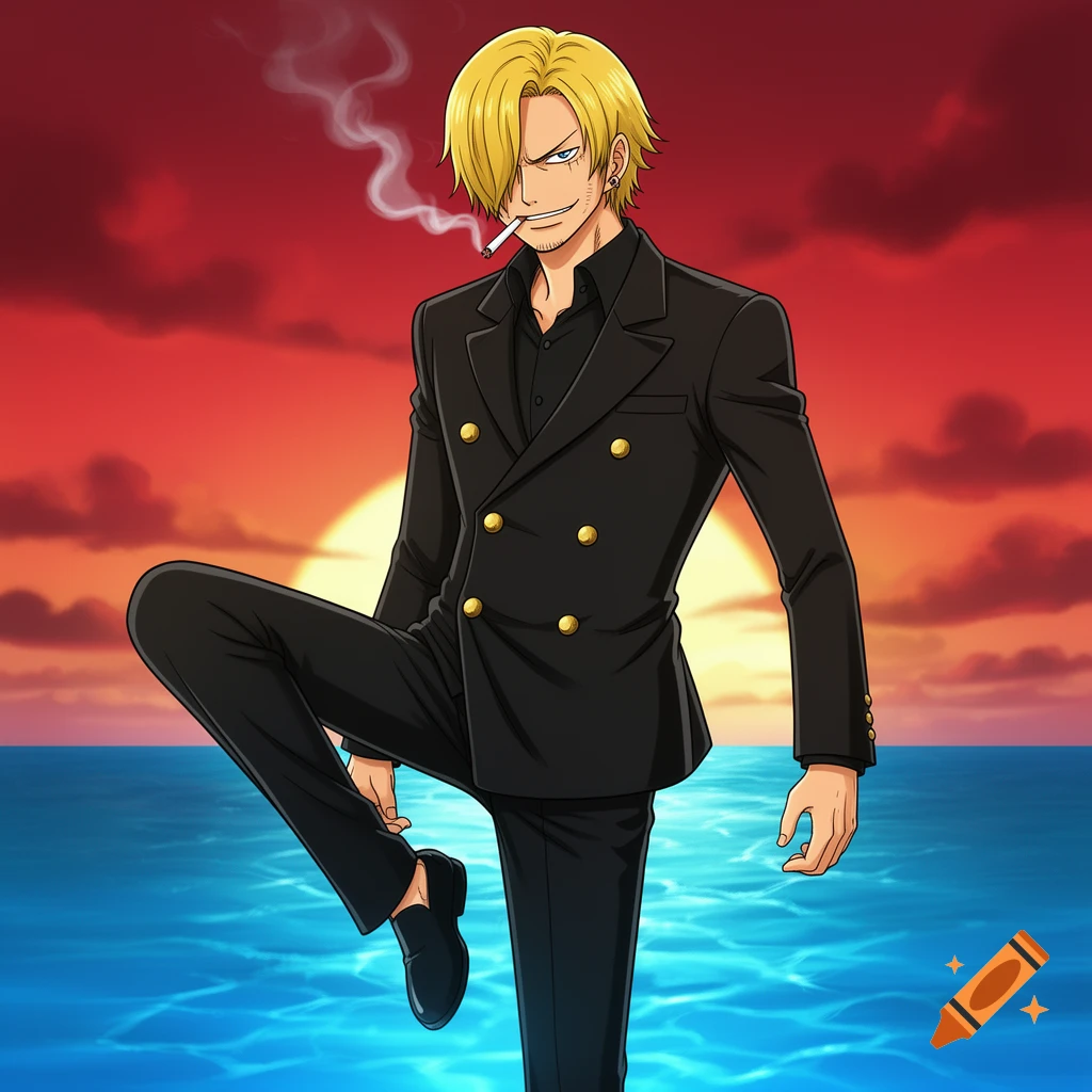Anime character Sanji in a black suit, smoking a cigarette, against a vibrant sunset over the ocean.