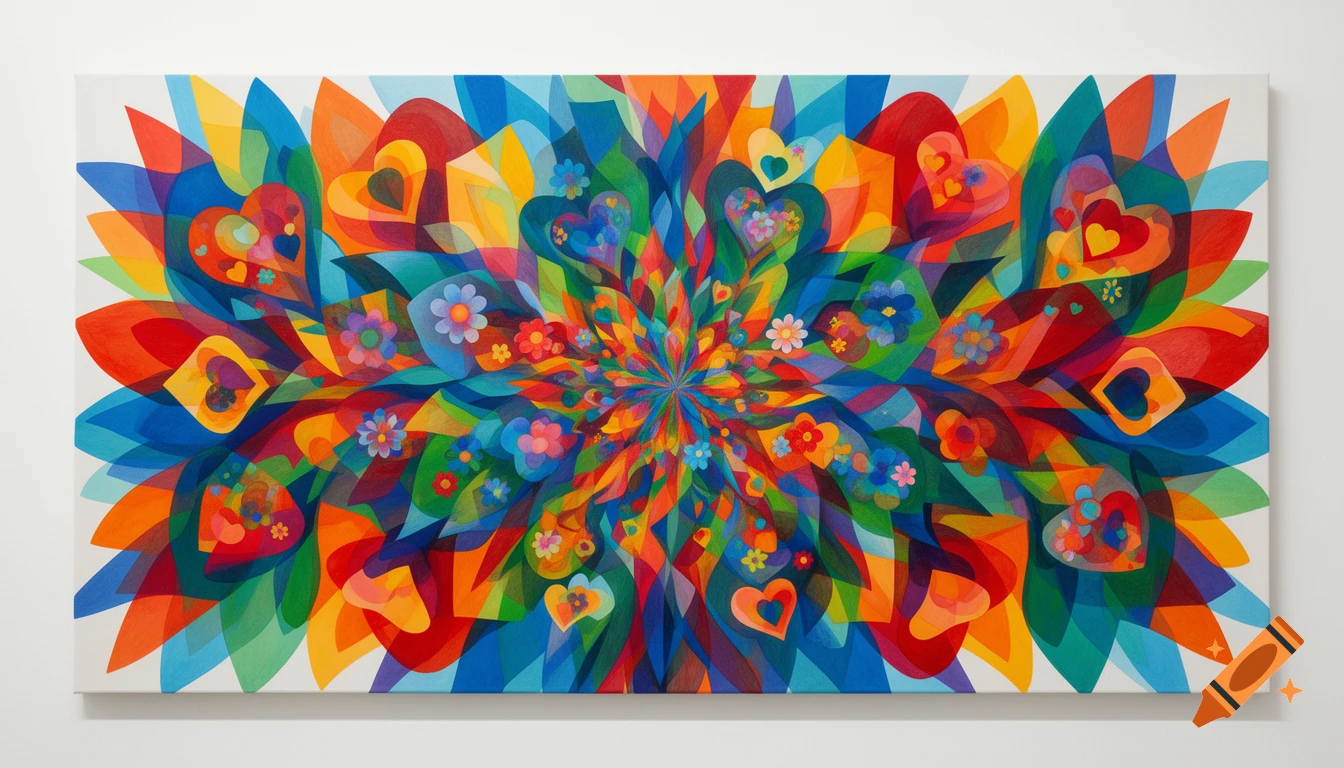Vibrant abstract painting with overlapping colorful shapes, hearts, and stylized flowers in a radial pattern.