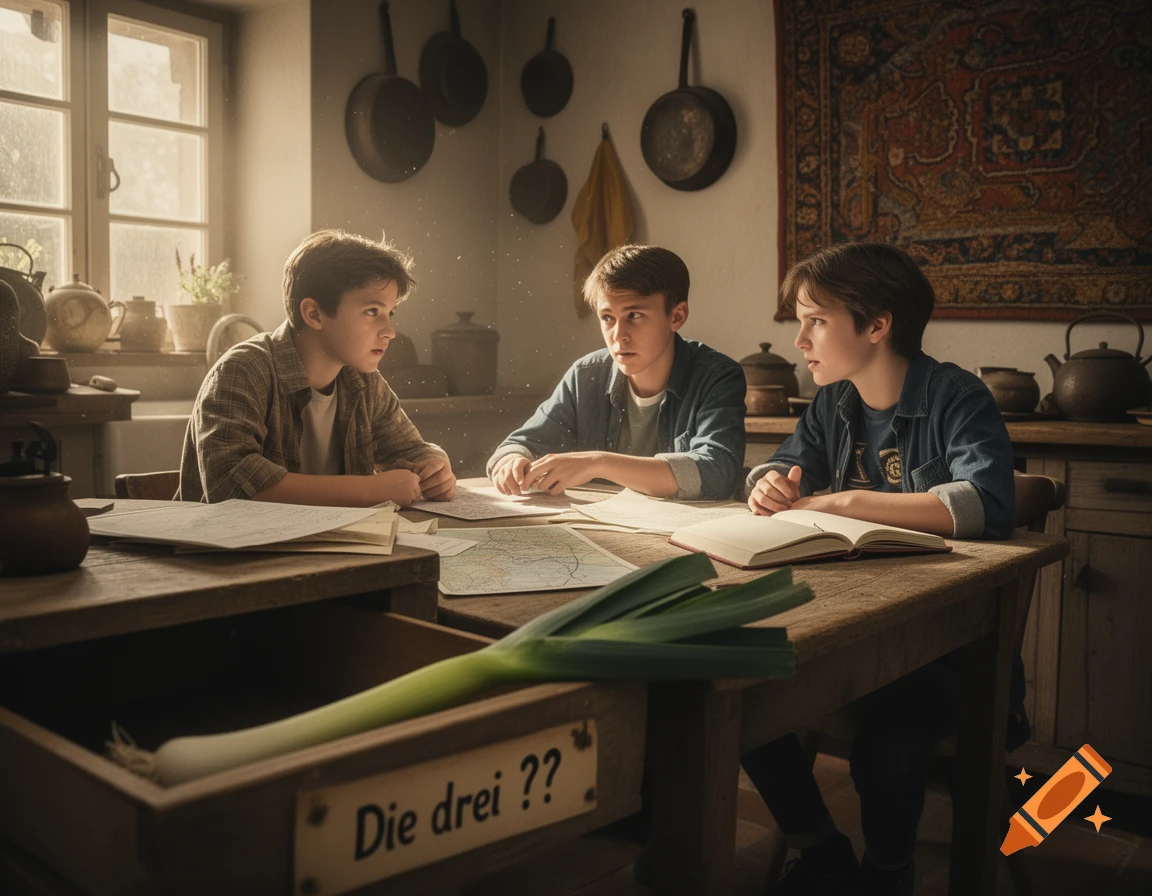 Three boys study a map and book at a wooden table in a rustic kitchen, with a leek in a drawer labeled "Die drei ??" in the foreground.