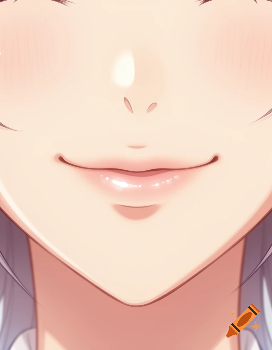 Close-up of an anime girl's smiling mouth, nose, and chin with blush on her cheeks.