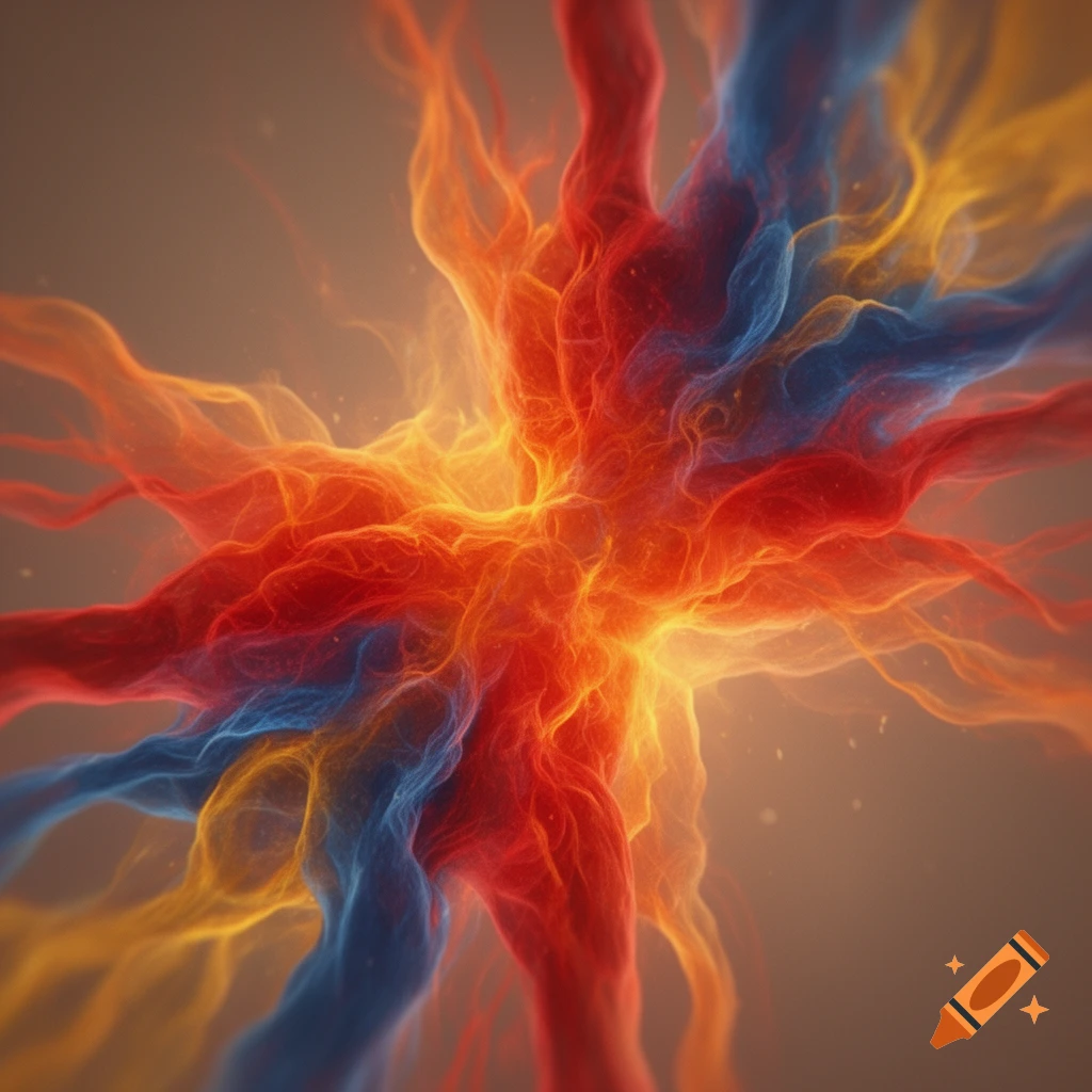 Intertwined, translucent tendrils of red, orange, yellow, and blue light-like energy or cellular structures against a warm brown background.
