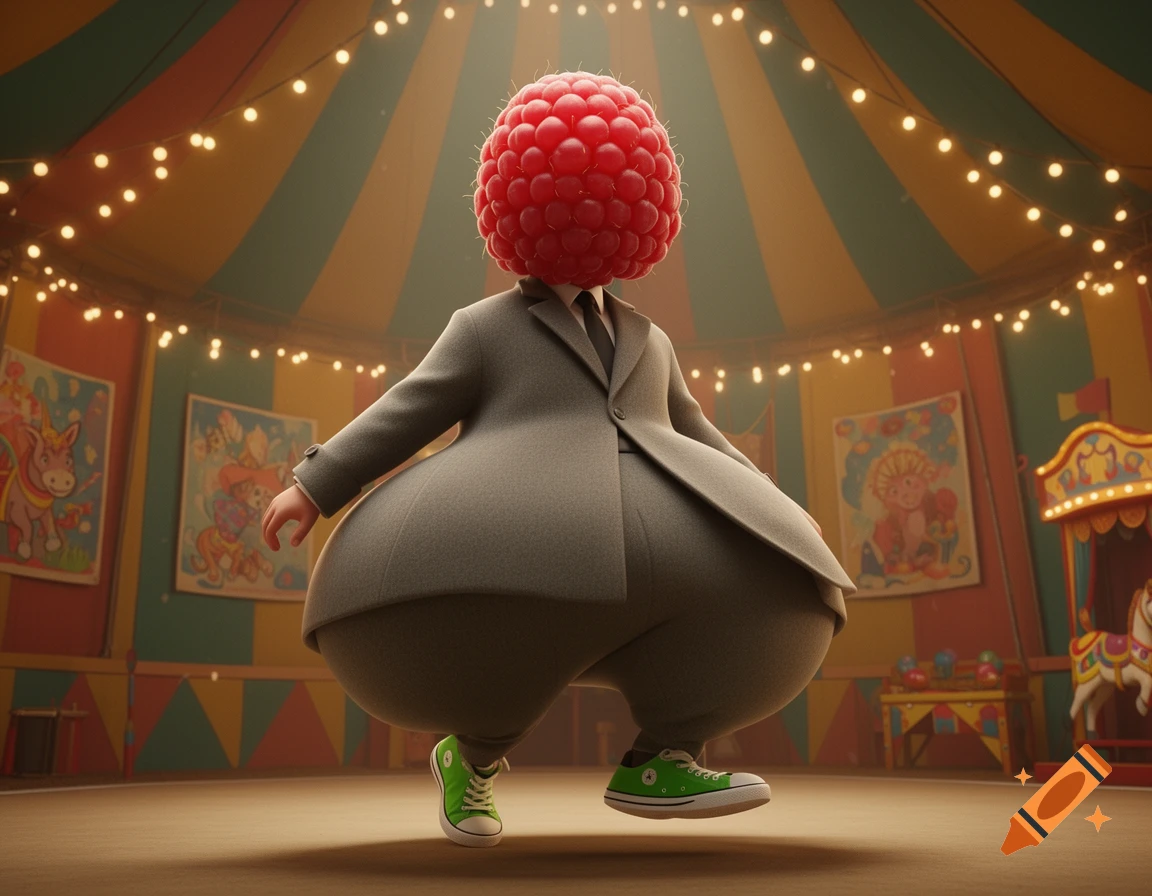 A 3D illustration of a man with a raspberry head, oversized body, grey coat, and green sneakers waddling in a circus tent.