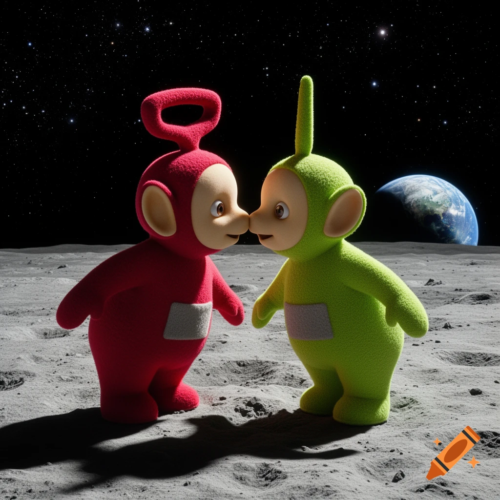 Hyperrealistic red and green Teletubbies nose-to-nose on the moon with Earth visible in the background.