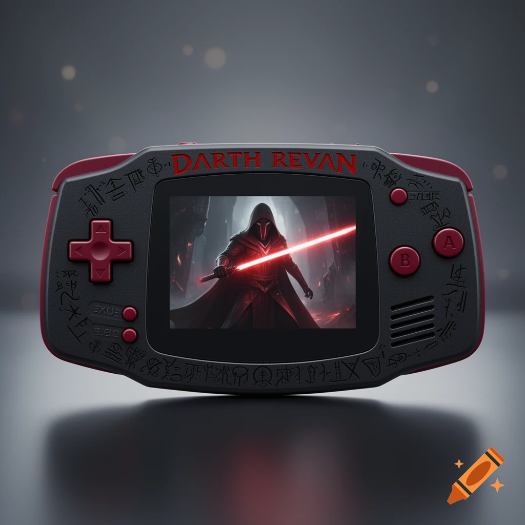 A custom black and red Darth Revan themed Gameboy Advance with 'DARTH REVAN' text, displaying Darth Revan with a red lightsaber on its screen.