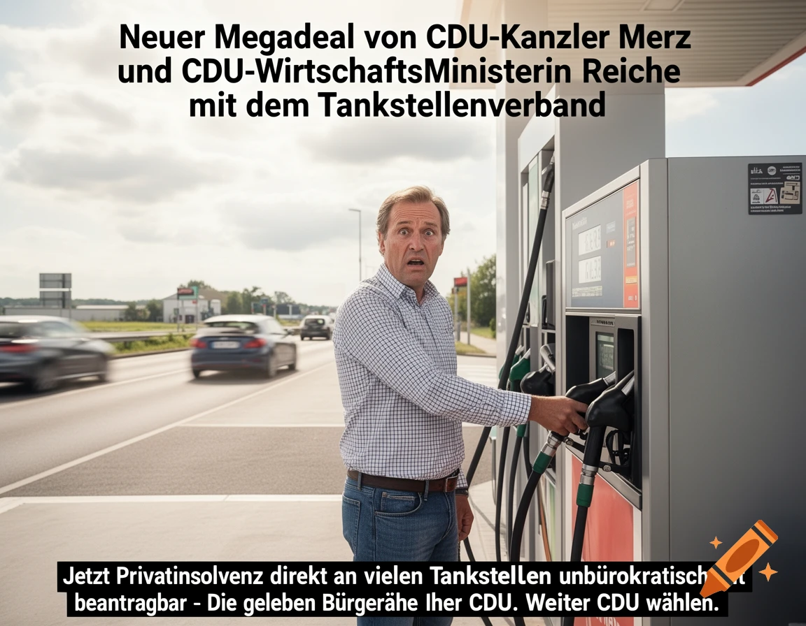 A shocked man at a gas station holds a pump with cars blurring in the background. Text overlays discuss a political deal and insolvency.