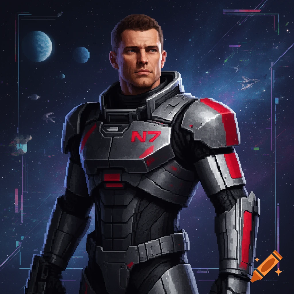Pixel art of Commander John Shepard in N7 armor, standing in space with planets and starships in the background.