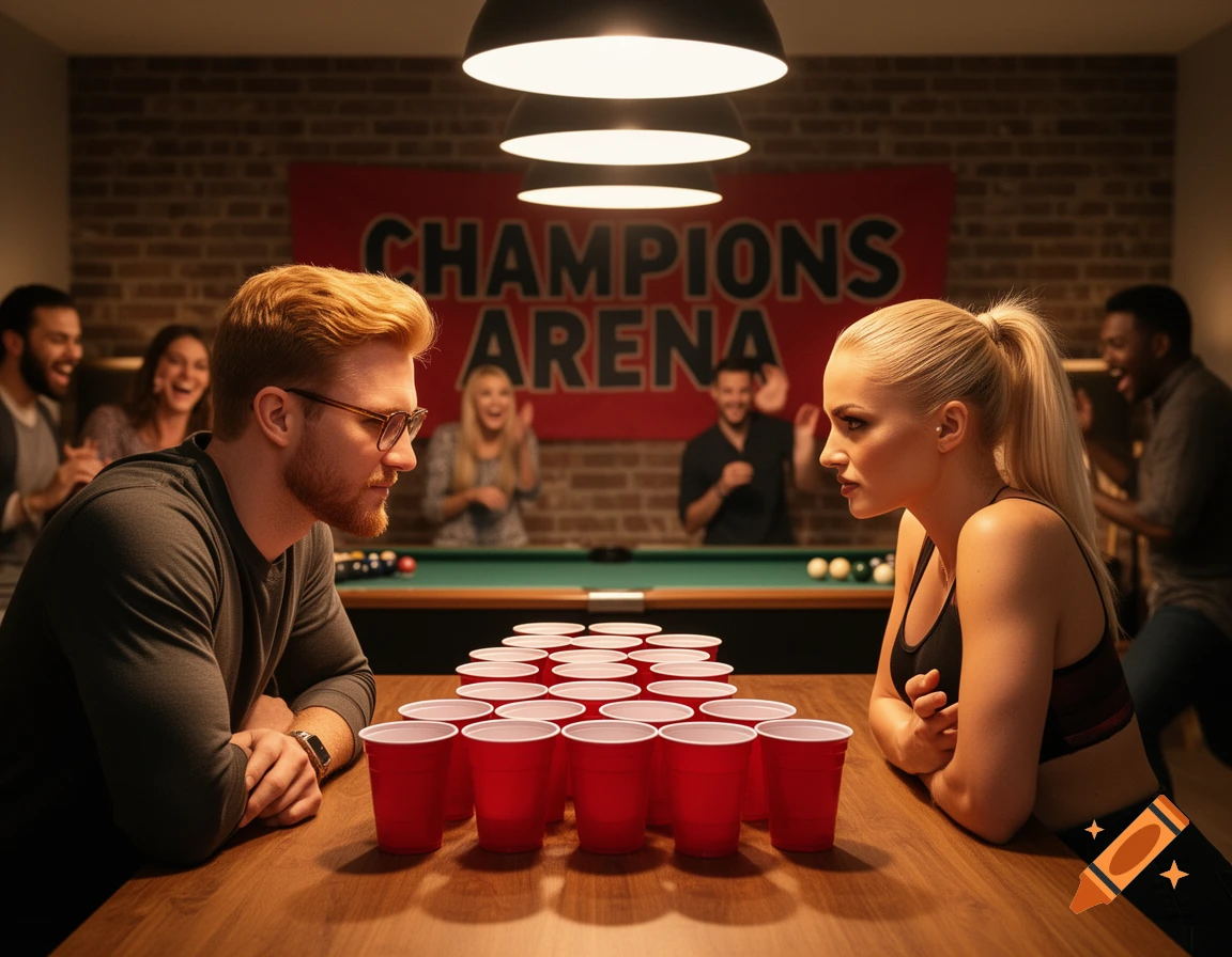 A red-haired man and a blonde woman face off at a beer pong table, surrounded by cheering friends in a brick-walled room.