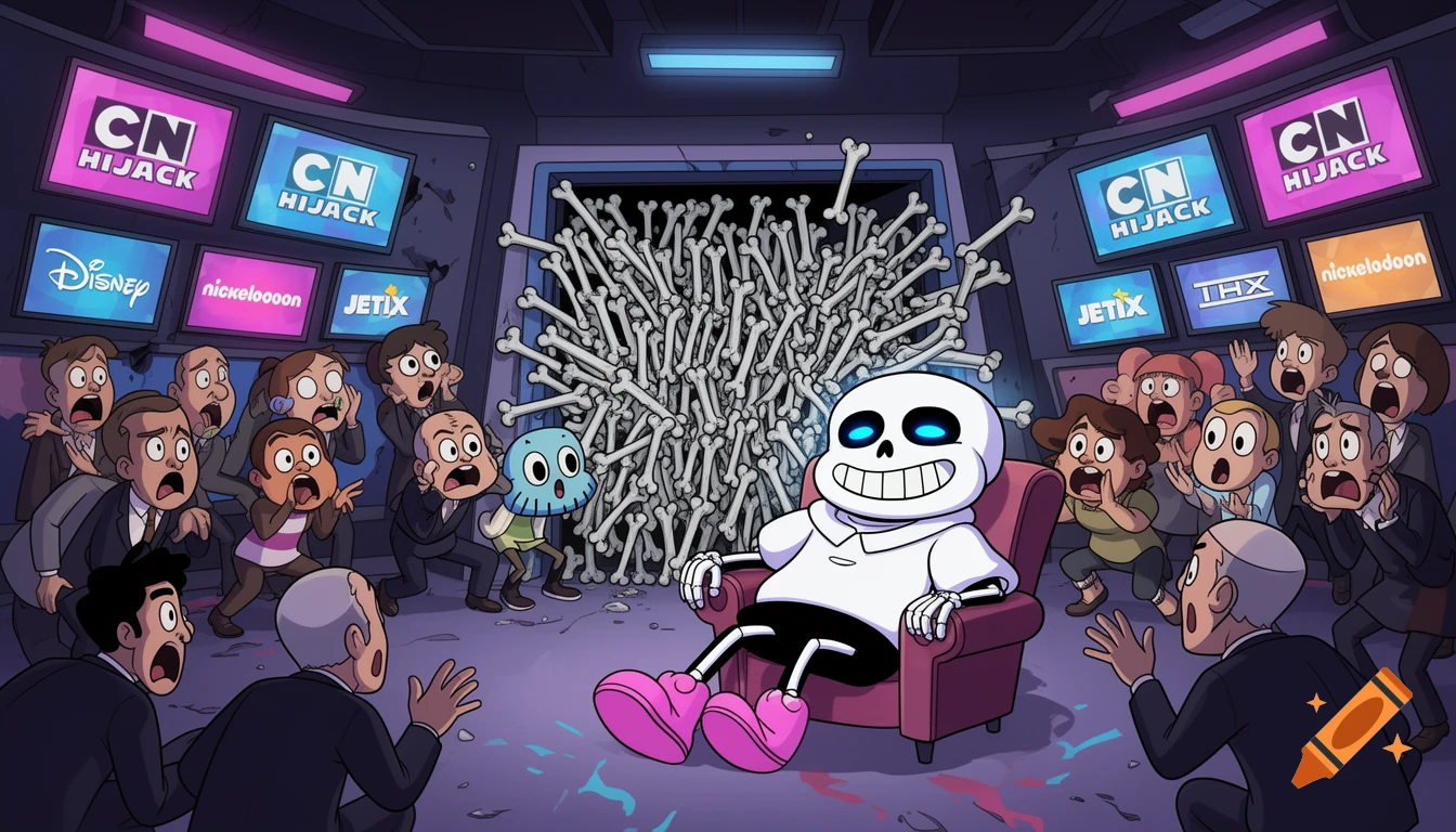Sans from Undertale grins in a hijacked TV studio with screens showing 'CN HIJACK' and other logos, while terrified cartoon characters and humans look on. A pile of bones blocks a door.