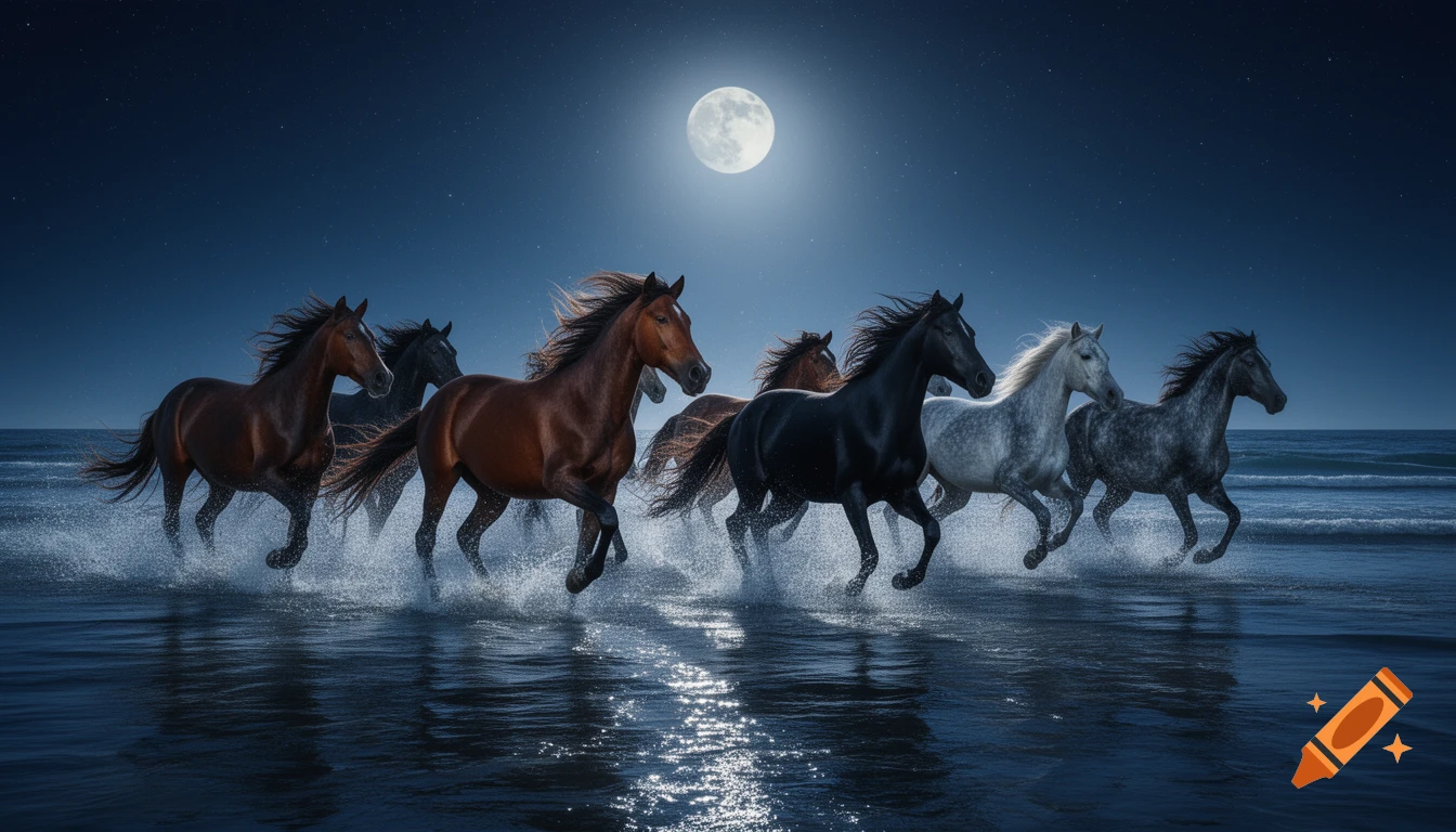 A majestic herd of horses, varying in color, gallops through moonlit shallow water at night, splashing as they move.