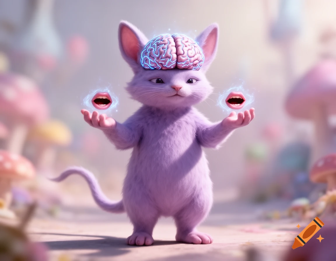 A cute purple creature with a glowing brain on its head, holding two magical floating mouths in a whimsical mushroom forest.