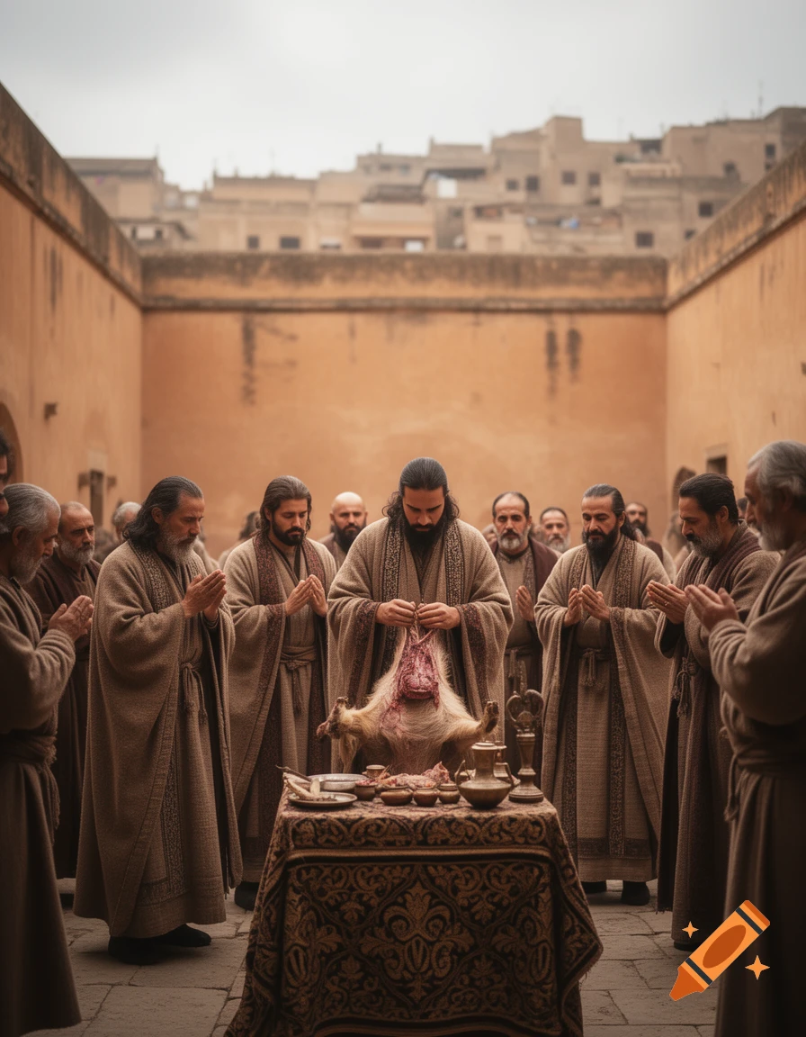 Photorealistic image of men in ancient robes performing an animal sacrifice around a table in a courtyard.