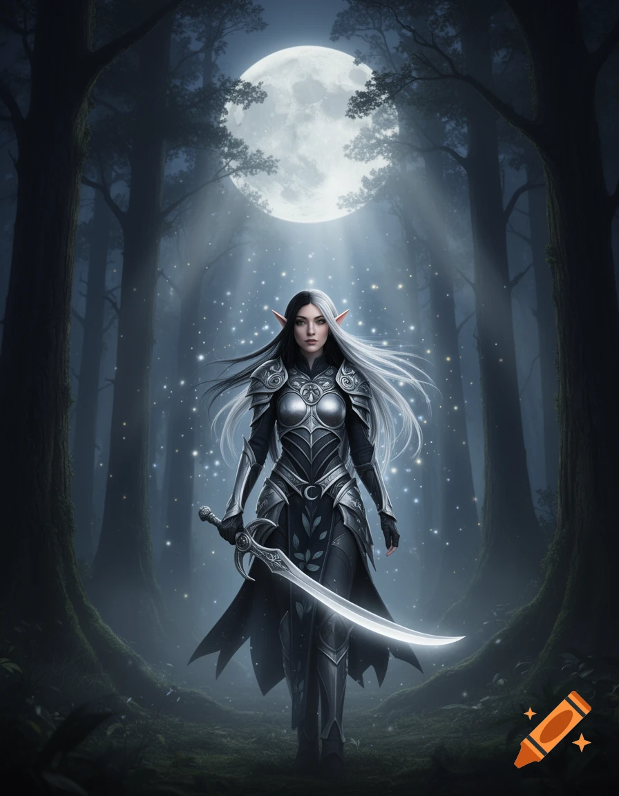A female elf paladin in dark and silver armor holds a glowing sword in a moonlit fantasy forest, with glowing particles in the air.