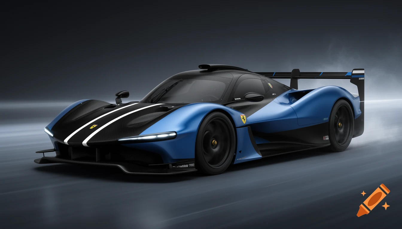 A futuristic blue and black Ferrari 499P "Blue Phantom" concept racing car with white stripes on a dark background.