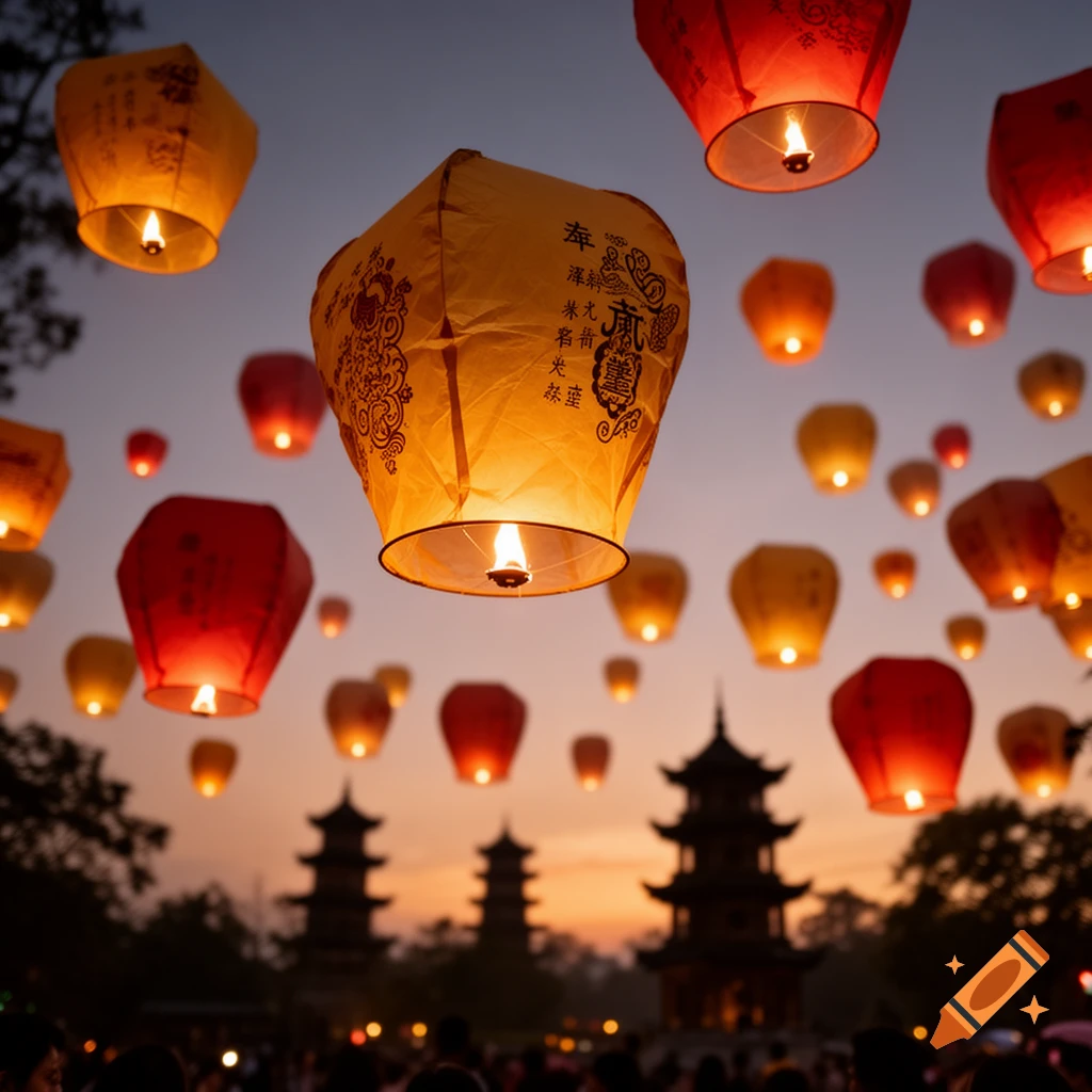 Numerous illuminated red and yellow sky lanterns float into a twilight sky, with traditional Chinese pagodas silhouetted below.