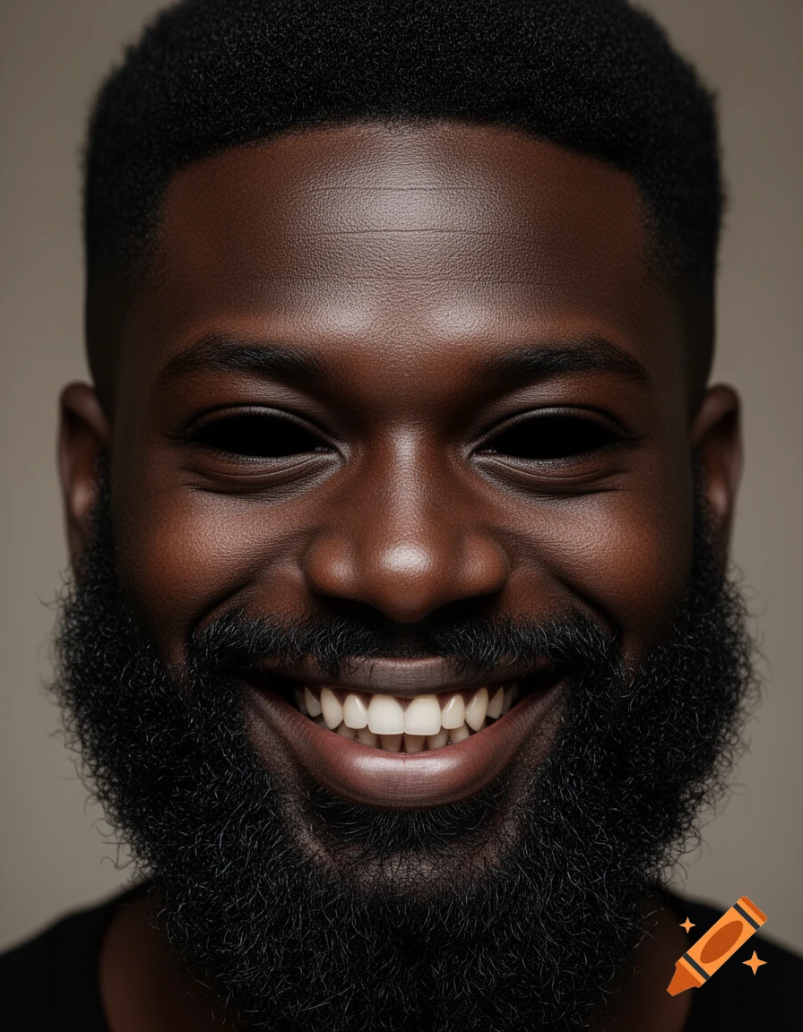 Close-up portrait of a smiling Black man with a beard and completely black eyes.