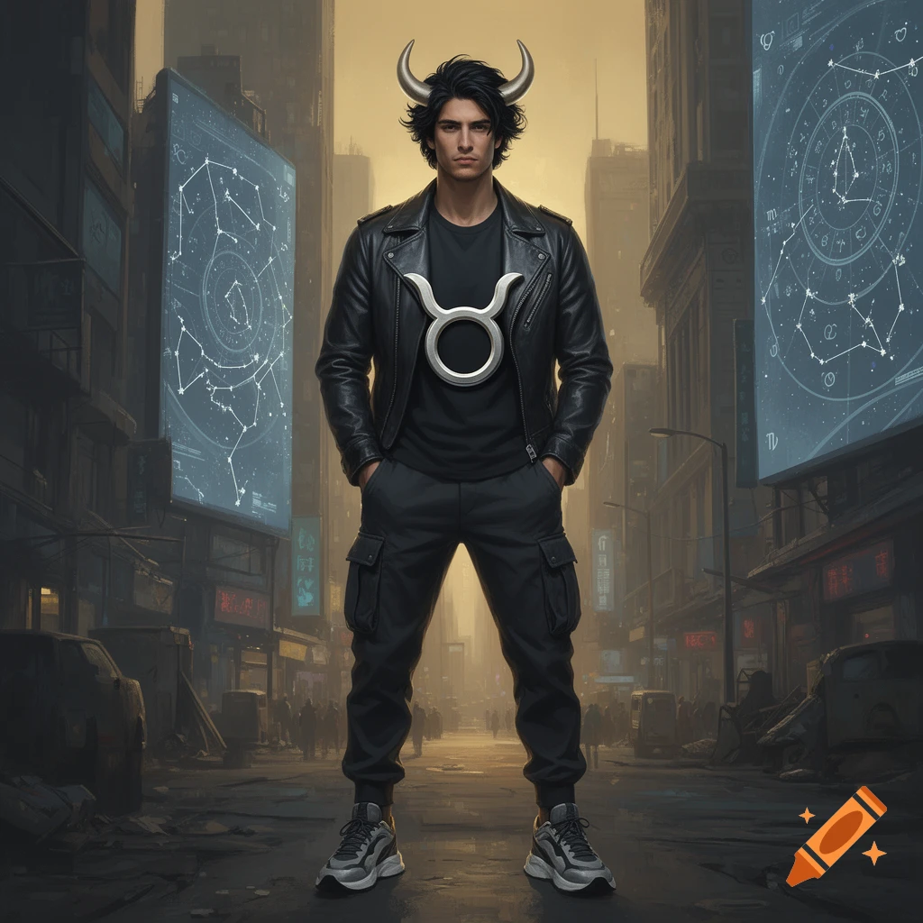 A man with bull horns and a silver Taurus symbol on his black shirt stands in an urban street with glowing astrological billboards.