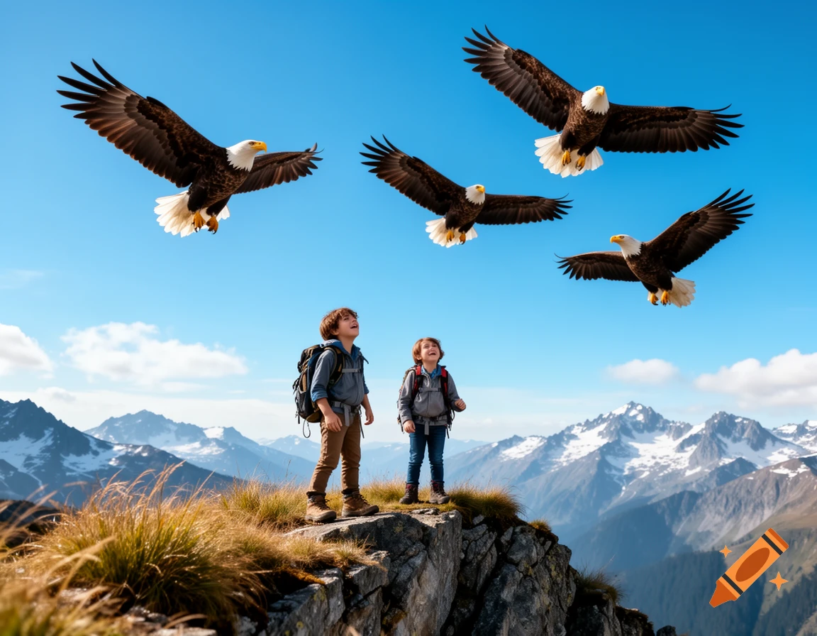 Two children with backpacks stand on a mountain peak, looking up at four eagles flying in a clear blue sky above snow-capped mountains.