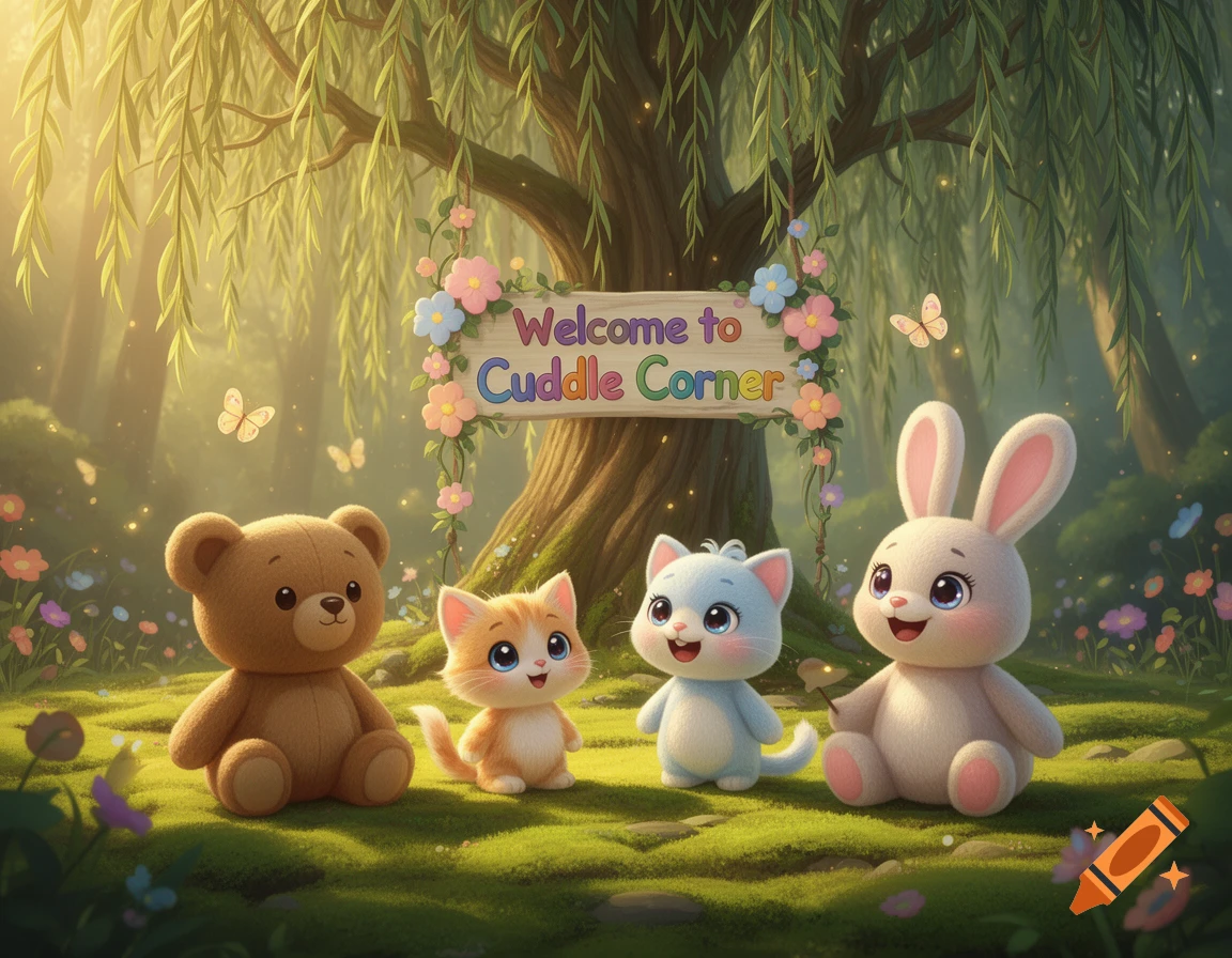 Cute cartoon teddy bear, two kittens, and a bunny sit under a willow tree in an enchanted forest. A sign reads 'Welcome to Cuddle Corner'.
