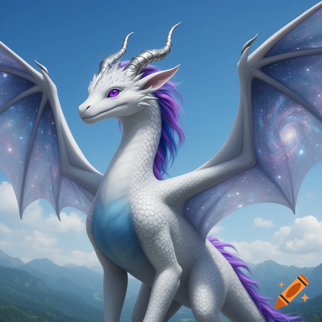 A majestic white dragon with purple eyes, galaxy wings, silver horns, a blue chest, and purple hair stands against a blue sky with mountains.
