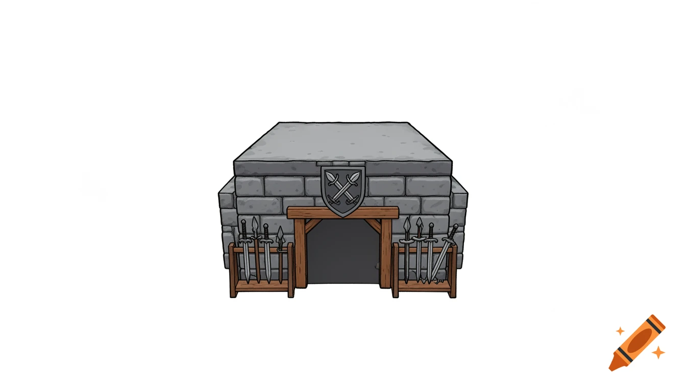 A 2D game sprite of a medieval stone barracks with weapon racks holding swords and spears, and a shield with crossed weapons above the entrance.
