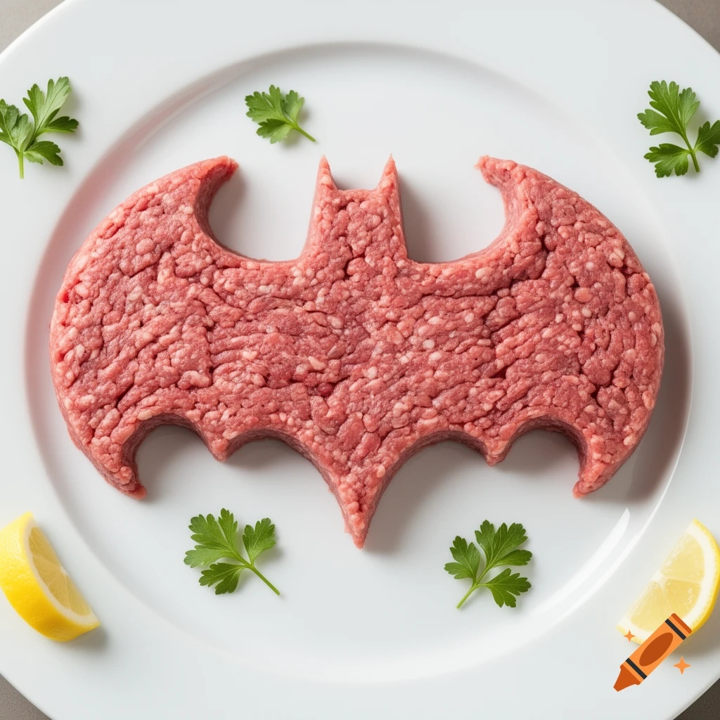 Photorealistic top-down view of ground meat shaped like the Batman logo, garnished with parsley and lemon wedges on a white plate.