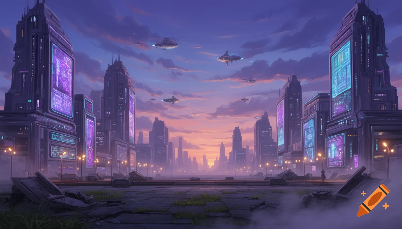 A vibrant futuristic cityscape at sunset, with tall buildings ...