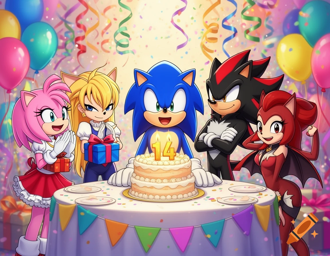 Sonic the Hedgehog, Amy Rose, Shadow, and other characters celebrate Sonic's 14th birthday with a cake, balloons, and confetti in an anime style.