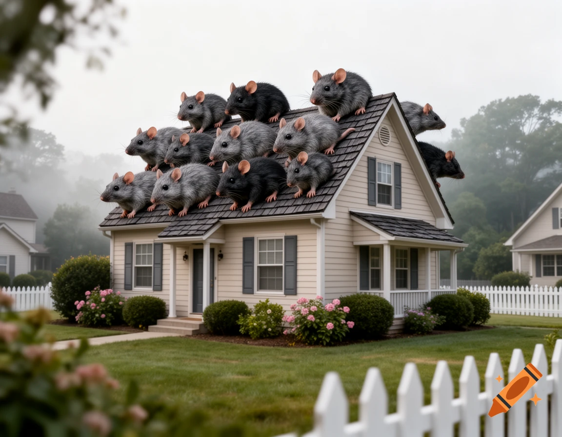 A suburban house with many gray and black rats covering its dark shingled roof, set in a green yard under a hazy sky.
