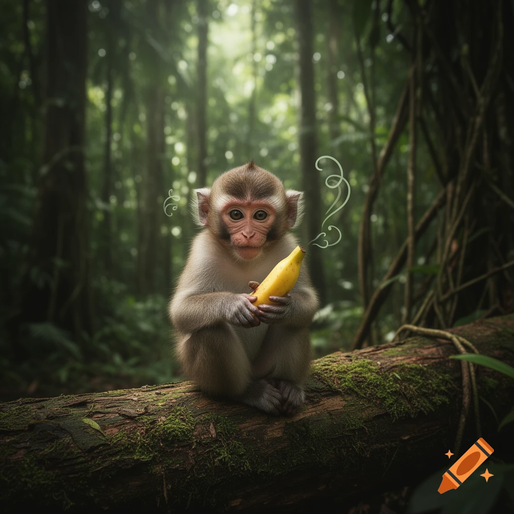 A photorealistic baby monkey holds a banana while sitting on a mossy log in a lush jungle, with stylistic smoke-like swirls around it.