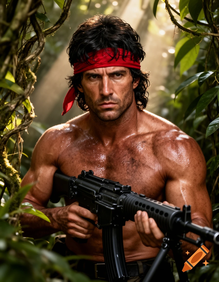 Photorealistic image of a muscular man resembling Rambo, shirtless with a red headband, holding a rifle in a sunlit jungle.