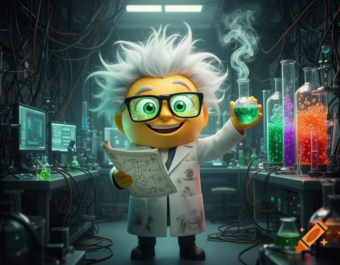 A 3D rendered cartoon mad scientist emoji character with wild white hair, glasses, and a lab coat, holding a glowing green flask and a paper with formulas in a messy lab.