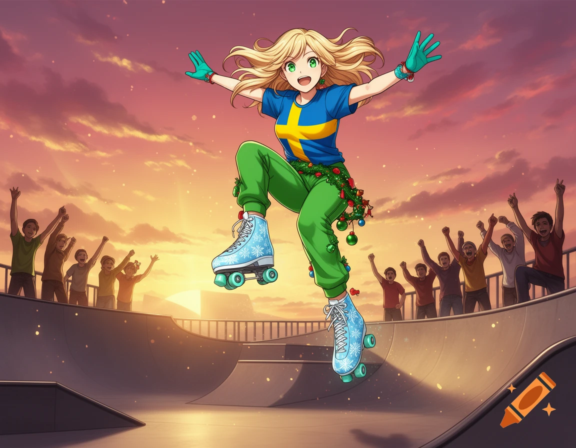 Cel-shaded blonde woman in a Swedish flag t-shirt, green pants with Christmas decor, and ice blue rollerblades jumps over a skate ramp at sunset, cheered on by a crowd.