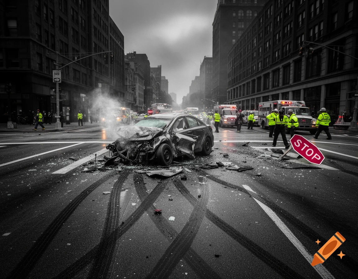 A wrecked car after a crash on a city street, with smoke, emergency services, and personnel, in a black and white style with selective color.