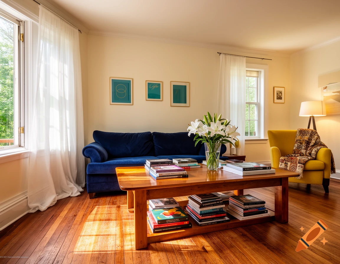 A warm, sunlit living room with a navy blue sofa, a wooden coffee table with books and a vase of white lilies, and a yellow armchair with a patterned throw blanket.