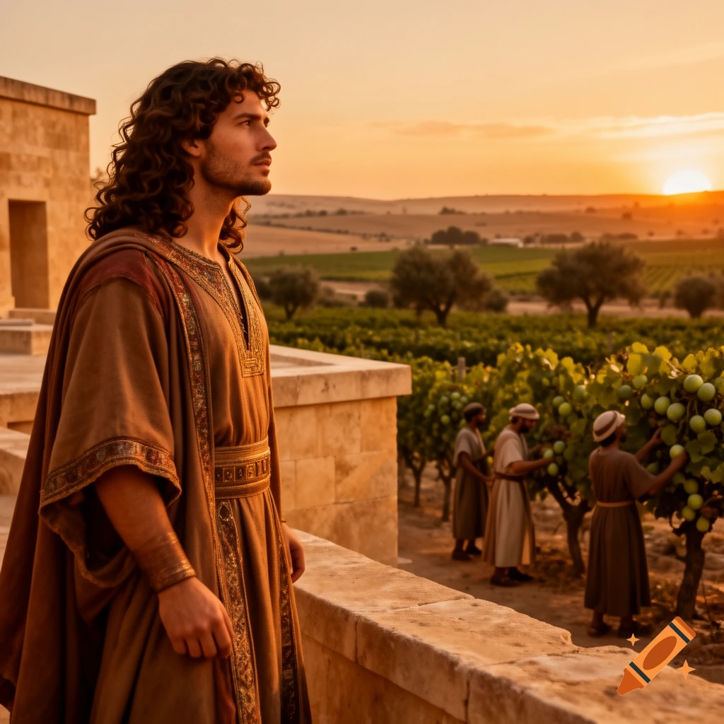 A man in ancient robes stands on a stone balcony, looking towards a vineyard where workers harvest grapes, under a vibrant sunset sky.