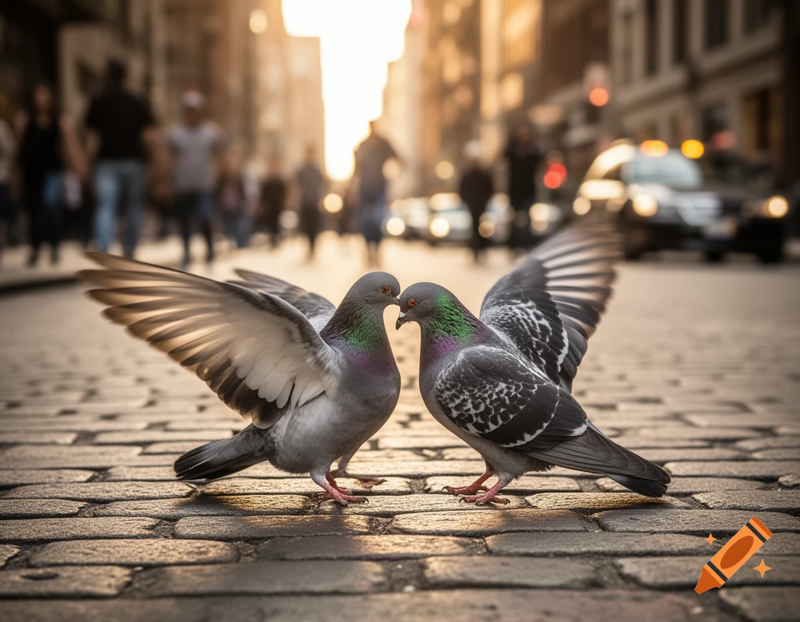 Two pigeons with iridescent neck feathers face each other on a cobblestone street, one with wings spread, against a blurred cityscape at sunset.