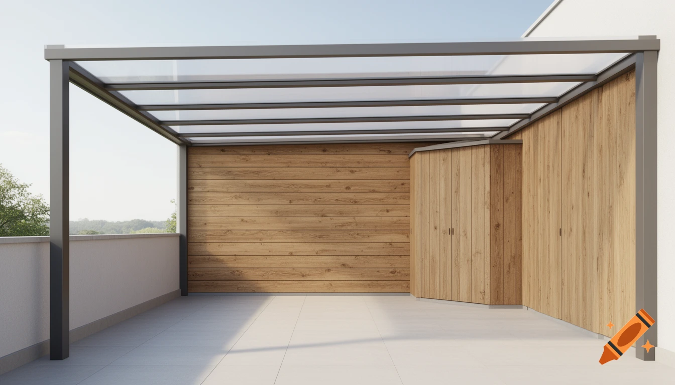 A modern patio with a glass-covered pergola, a wooden back wall, and a wooden storage shed on the right, under a clear sky.
