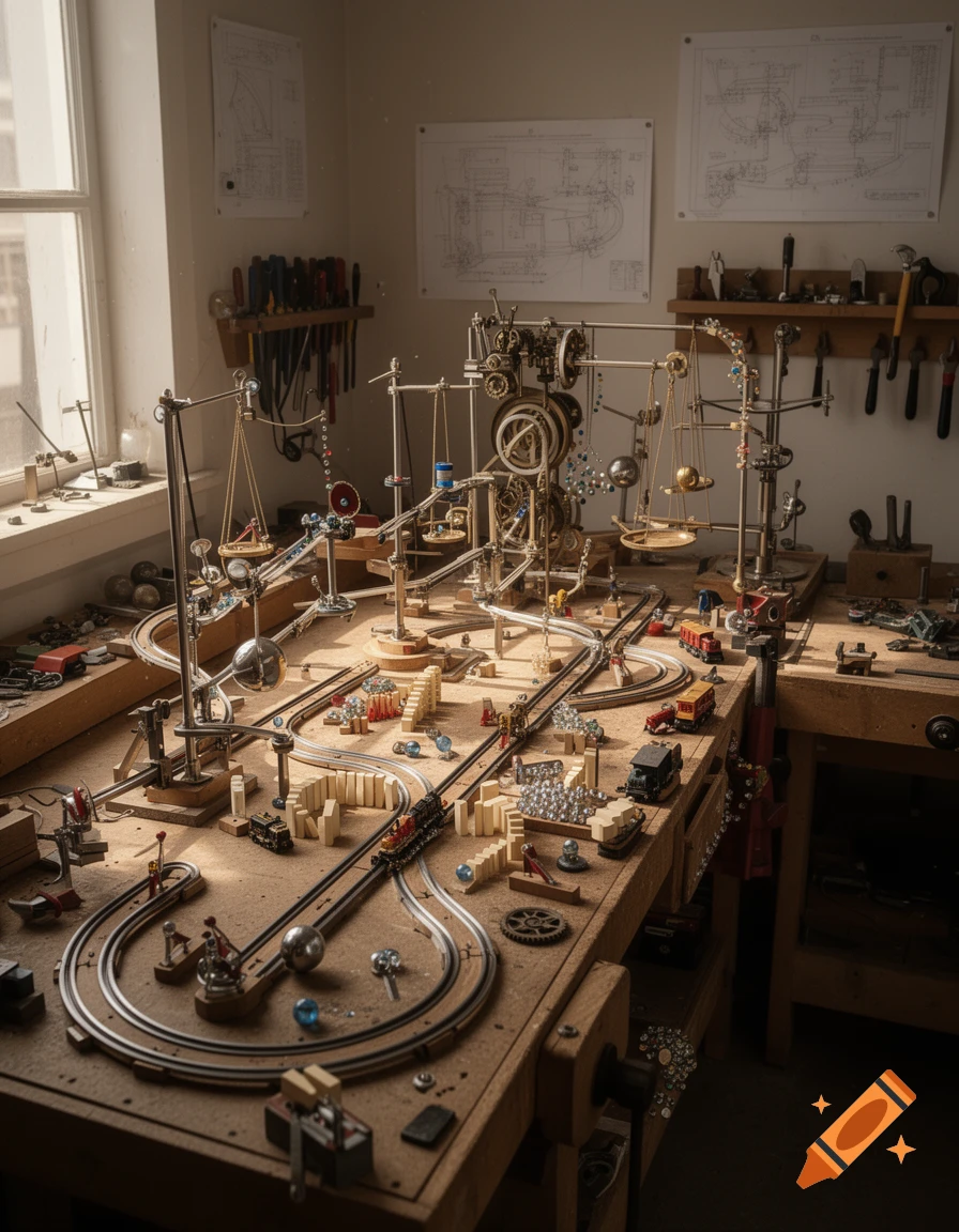 A detailed Rube Goldberg machine with tracks, weights, and gears on a workbench in a sunlit workshop.